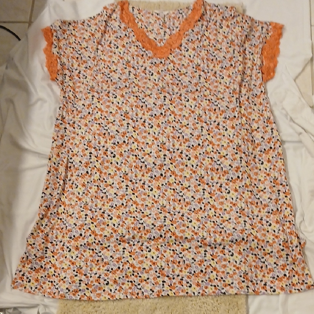 Secret Treasures Multicolor Floral Pajama Top with Orange Trim